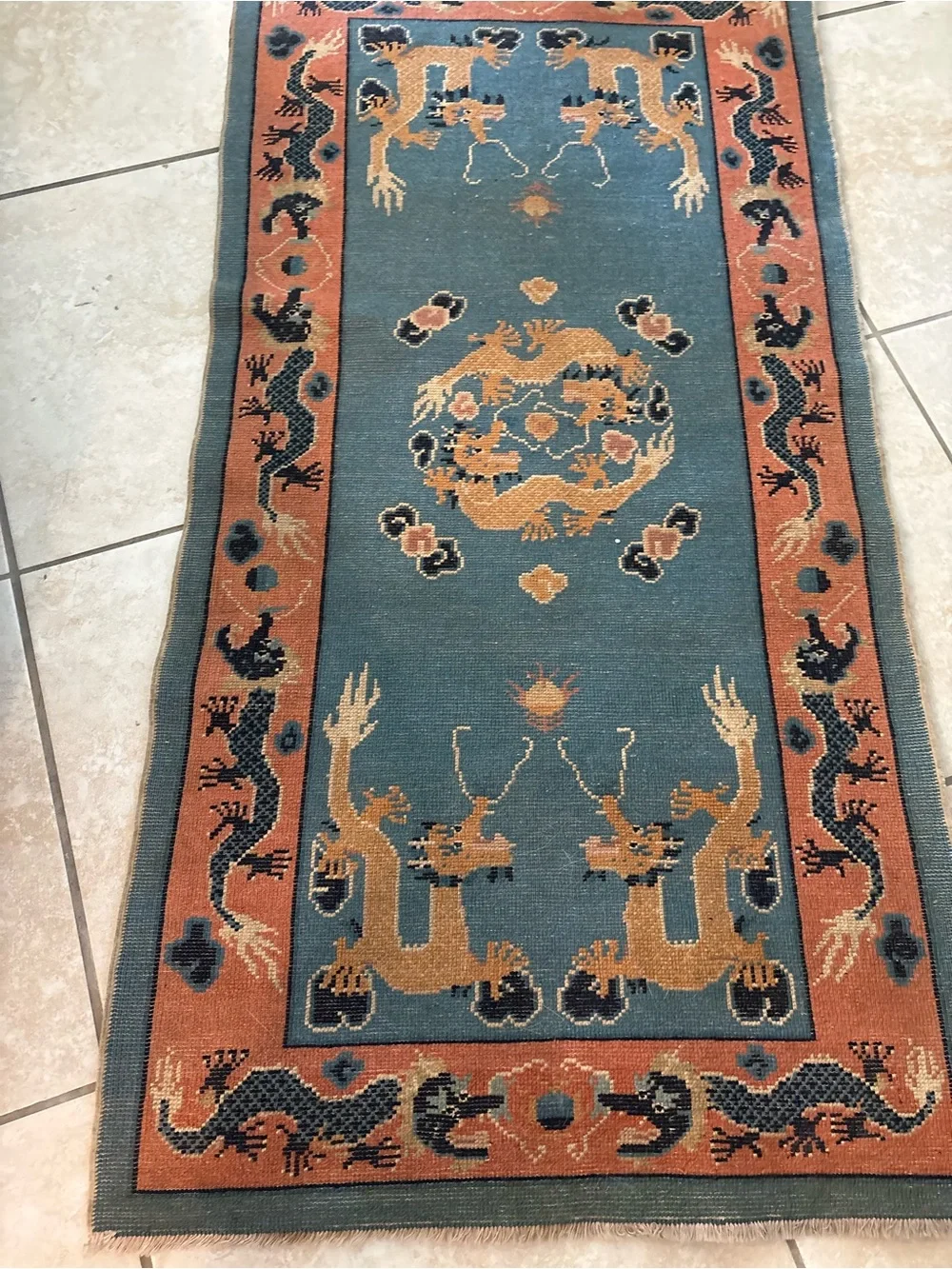 Vintage Chinese-Style Dragon & Crane Runner Rug – Unique Decorative Piece